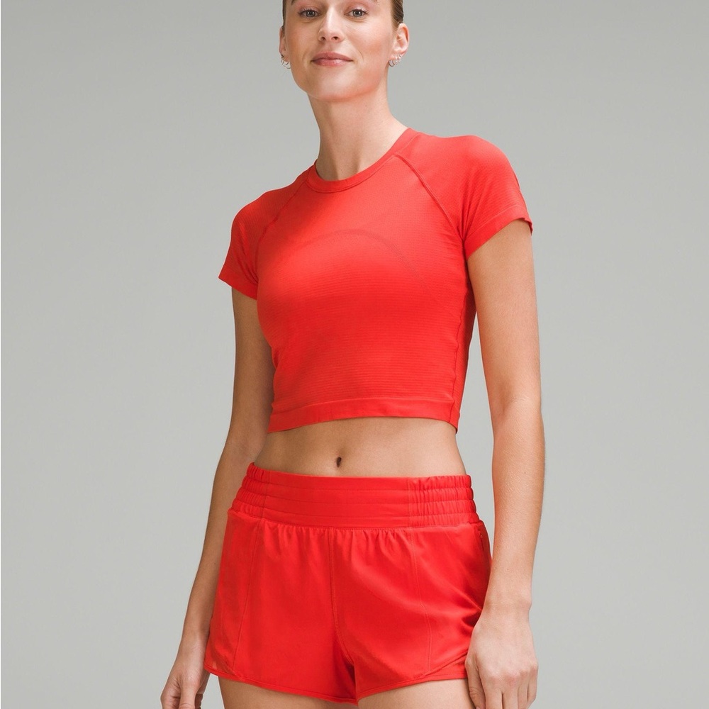 Lululemon Women's Red Swiftly Tech Cropped Short-Sleeve Shirt 2.0